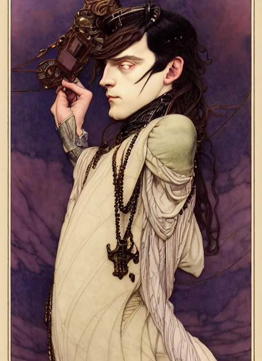 Image similar to edmund dulac, leyendecker, highly detailed portrait, a beautiful androgynous sebastian michaelis, long hair, tall and thin, wearing several pendants, art nouveau, stephen bliss, unreal engine, by greg rutkowski, loish, ferdinand knab, ilya kuvshinov, rossdraws, tom bagshaw, alphonse mucha, global illumination, radiant light