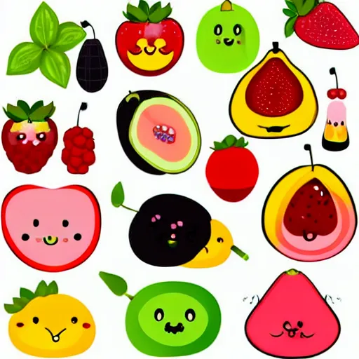 Prompt: a set of kawaii fruits isolated on white background, cartoon, cute, vector graphics,