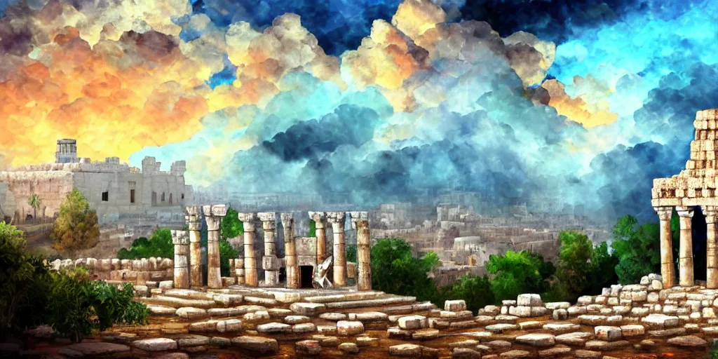 Prompt: a adorable small fox in the huge ruins of the second temple in jerusalem in the distance. the third temple hovers quietly hiding in the dreamy clouds above. a hooded bearded old man in a tunic laughing, colorful 8 k, art station, intricate superb details, digital art, cinematic, bokeh dof sky, an expressionist painting by afremov.