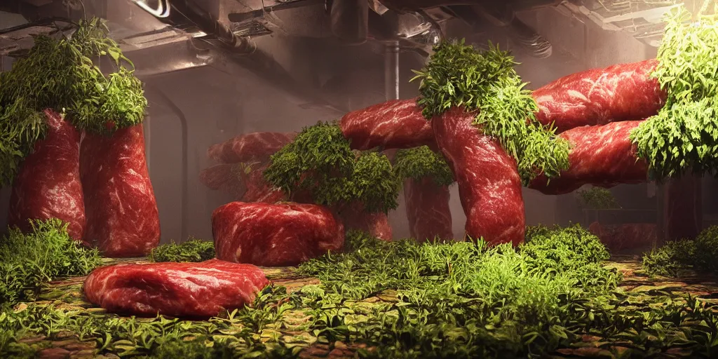 Image similar to plants like meat are irrigated by pipes flowing with milky liquid, central composition, fluid, ultra clear material, volumetric light, lightrays, cinematic, atmospheric, 3 d concept art, octane render, beautiful, cinematic lighting, intricate details.