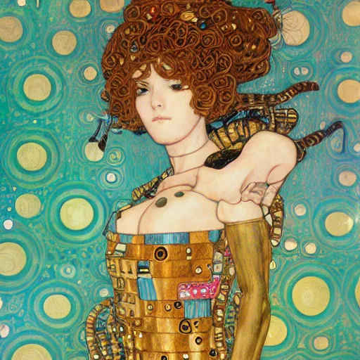 Prompt: a highly detailed anime woman with cyborg arms drawn by gustav klimt with background by james jean trending on art station