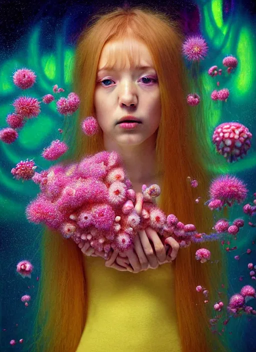 Image similar to hyper detailed 3d render like a Oil painting - kawaii portrait Aurora (serious honey haired hacker girl Singer) seen Eating of the Strangling network of yellowcake aerochrome and milky Fruit and Her delicate Hands hold of gossamer polyp blossoms bring iridescent fungal flowers whose spores black the foolish stars by Jacek Yerka, Mariusz Lewandowski, Houdini algorithmic generative render, Abstract brush strokes, Masterpiece, Edward Hopper and James Gilleard, Zdzislaw Beksinski, Mark Ryden, Wolfgang Lettl, hints of Yayoi Kasuma, octane render, 8k