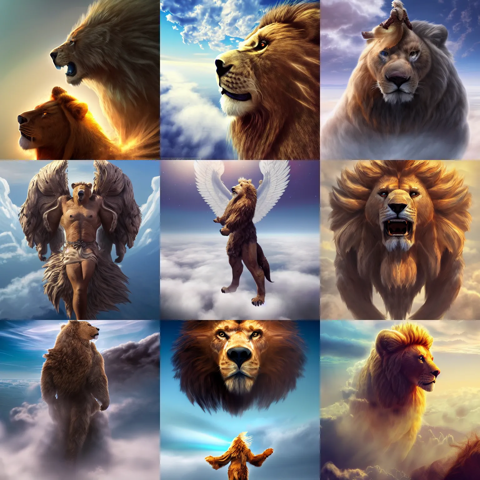 Prompt: full body portrait angelic warrior hovering above the clouds with the head of a lion, head of a bear, head of an eagle and wings, detailed render, 8 k, artstation, digital art