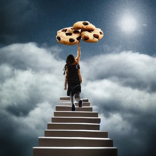 Image similar to a girl walking up an infinity staircase made of cookies in the clouds, digital art