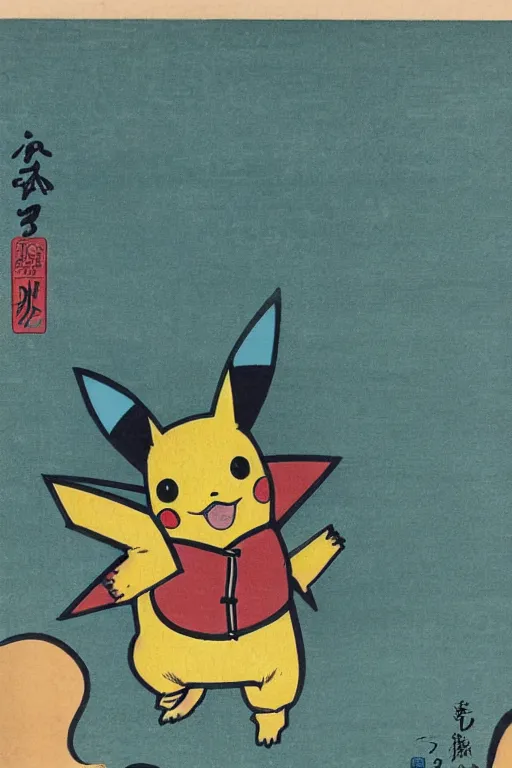 Image similar to surfing Pikachu, ukiyo Japanese woodblock print