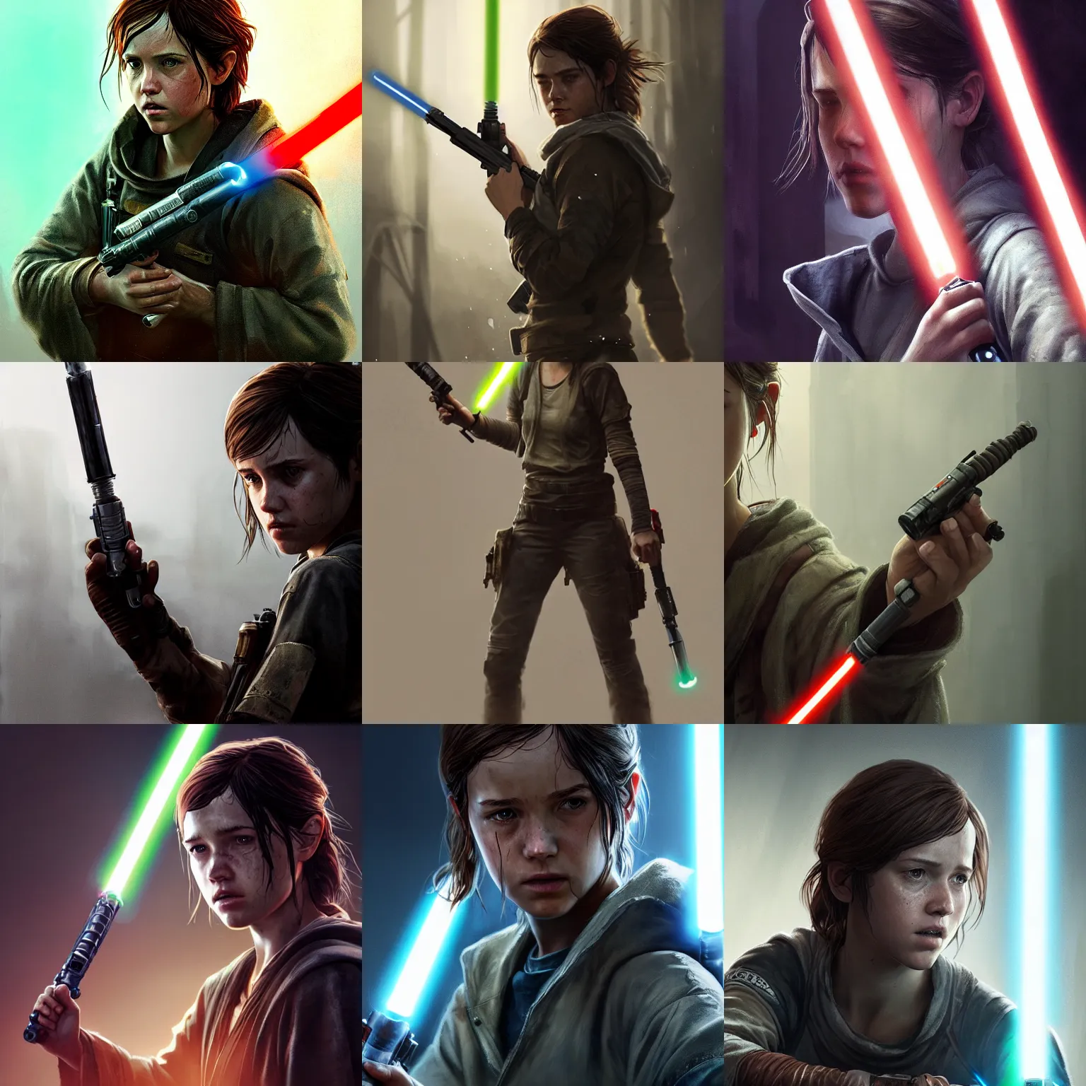Prompt: Ellie from the Last of Us holding a lightsaber in her hands, wearing Jedi robes, digital portrait by Greg Rutkowski, intricate, sharp focus, cinematic, epic, artstation