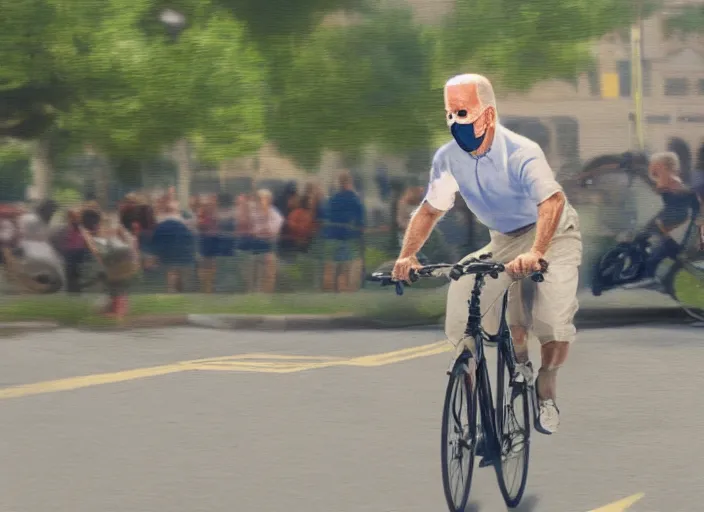 Prompt: cinematic artwork of joe biden falling off a bicycle, artwork by rutowski, realistic, 4 k, masterpiece