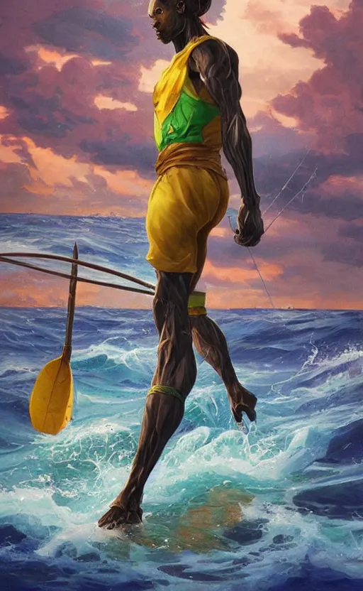 Prompt: character concept of a singular Jamaican fisherman posing in a battle stance in the Jamaican sea, colors of Jamaica, by Ross Tran and Artgerm and Peter Mohrbacher