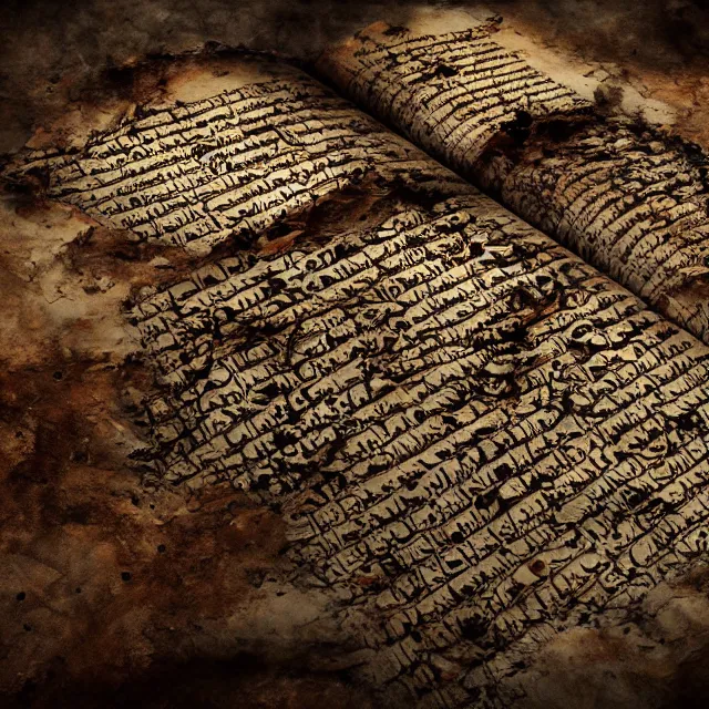 Image similar to ultra - realistic disconcerting photo of a partially damaged dead sea scroll in the style of the necronomicon with nabeatean aramaic in sideways columns, dark, brooding, volume lighting, atmospheric lighting, painted, intricate, ultra detailed, well composed, best on artstation, cgsociety, epic, stunning, gorgeous, intricate detail, wow, masterpiece