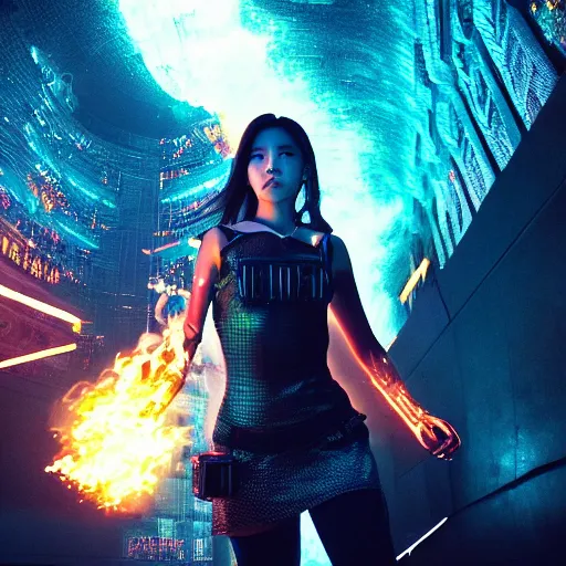 Image similar to a girl like yoona, casting fire spell, background cyberpunk spaceship, full shot, photo, geometries, Fibonacci volumetric lighting, epic composition, intricate details, dark neon punk, by denis villeneuve