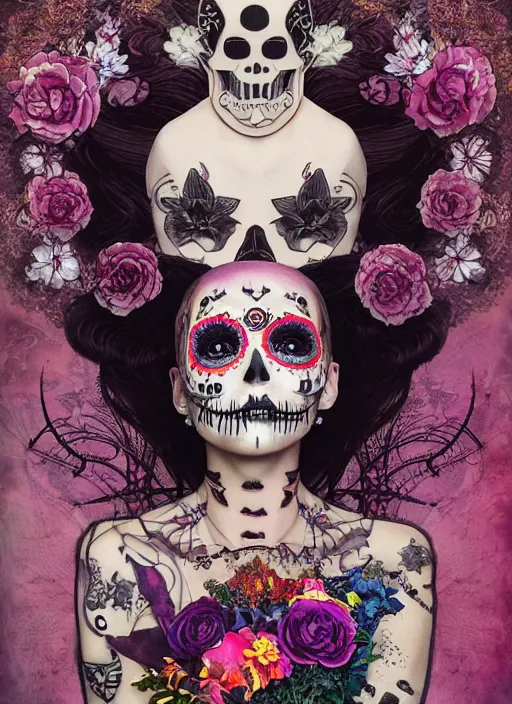 Image similar to cute punk goth fashion fractal Día de los Muertos tattoed girl posing by Zhang Jingna, poster art by Hannah Höch Victor Moscoso Dan Mumford Kilian Eng Hannah Jeffrey Smith Rick Griffin Alphonse Mucha Gustav Klimt Ayami Kojima Amano Charlie Bowater, violet and black