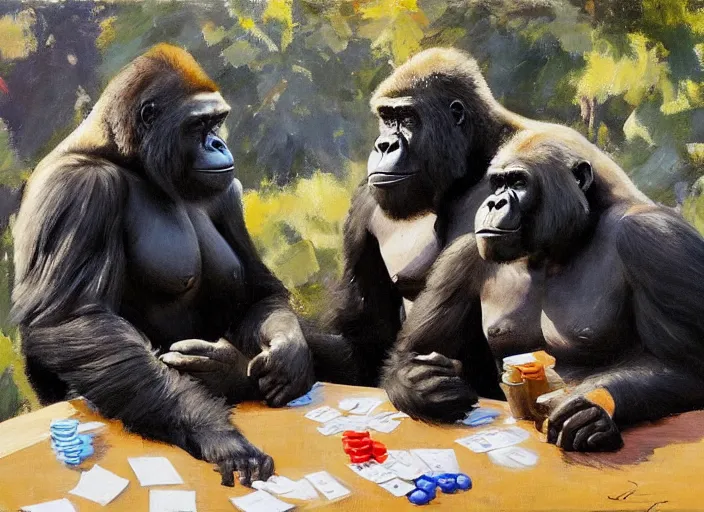 Image similar to a highly detailed beautiful portrait of a gorilla and a bear playing poker, by gregory manchess, james gurney, james jean