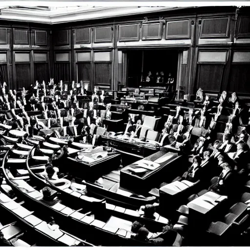 Prompt: chaotic fight between politicians inside the parliamentary chambers, black and white photography, dynamic composition, sharp, strong light and dark contrast