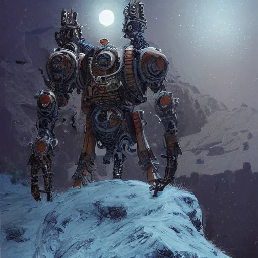 Image similar to portrait concept painting of a rampaging ashigaru mecha construct, on an icy mountaintop, moonlight, of bamboo, laquer and steel, steampunk - inspired by brian froud and greg rutkowski and jessica rossier