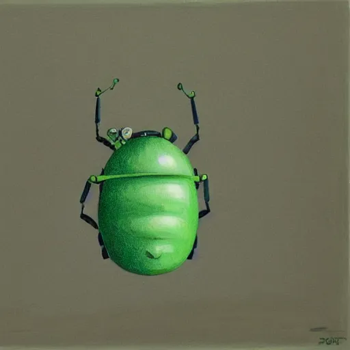 Prompt: A green beetle in a business suit working in a small grey cubicle, by Shaun Tan