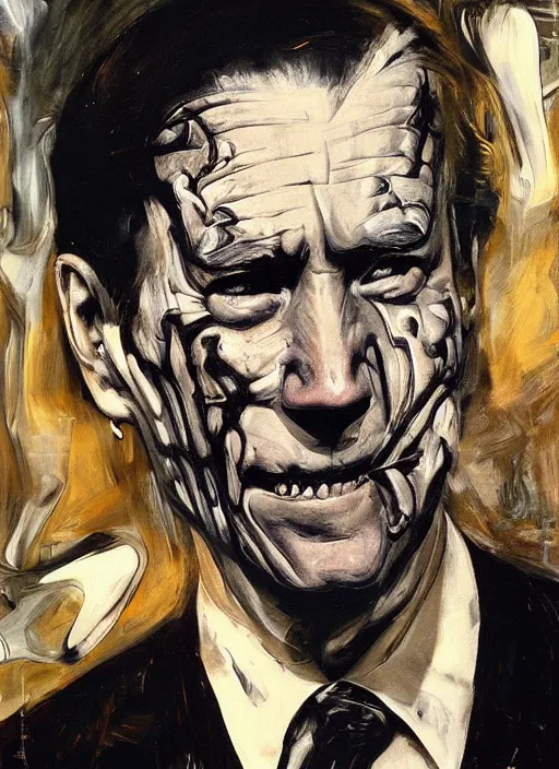 Image similar to joe biden skeleton, deep face features, scary, painting by phil hale, fransico goya,'action lines '!!!, graphic style, visible brushstrokes, motion blur, blurry, visible paint texture, crisp hd image