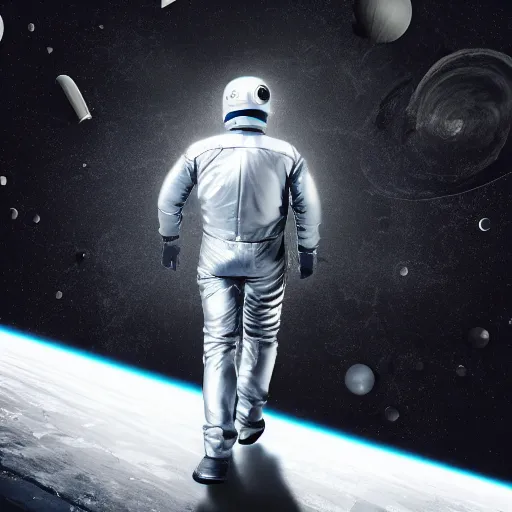 Image similar to mysterious man in silver space suit, walking on an industrial catwalk with stairs that lead nowhere, floating in deep space with a black background, photograph, wide angle