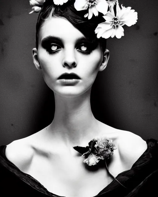 Image similar to a black and white high quality dreamy photo of a young beautiful female queen-pale dragon-vegetal-many flower-cyborg bust with a very long neck, elegant, highly detailed, poetic, soft, dreamy, mysterious, high fashion, rim light, in the style of Ellen von Unwerth, Realistic, Refined, Digital Art, Highly Detailed, Cinematic Lighting, rim light, black and white, photo-realistic, 8K