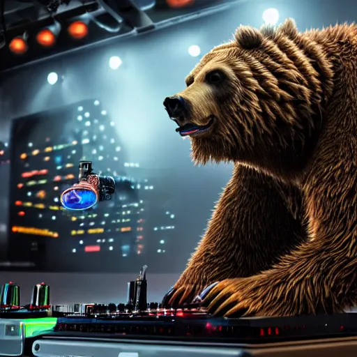 Image similar to a cyborg grizzly bear dj mixing records on stage, photorealistic, highly detailed, illustration, lifelike, highly detailed, intricate, octane render, sharp focus, cyberpunk