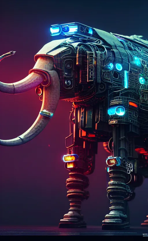 Prompt: hyper realistic and higly detailed photo of a cyberpunk mech elephant. intricate, wiring, electronic components, color diodes. volumetric light. professional digital art, lotr style, extremly detailed, trending on artstation, stuning, octane render, unreal engine 5, 8 k rendering.