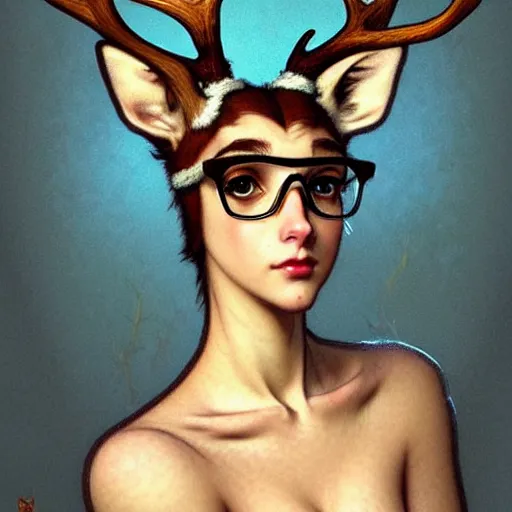 Image similar to anthropomorphic shy and nerdy deer with exquisite antlers. Renowned character illustration by greg rutkowski, thomas kindkade, alphonse mucha, loish, norman rockwell. Trending on FurAffinity.