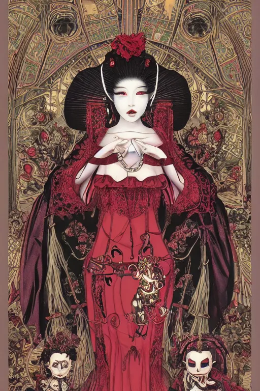 Prompt: thoth tarot card of an avant - garde japanese bjd geisha vampire queen with porcelain skin in victorian red dress in the style of dark - fantasy lolita fashion painted by yoshitaka amano, takato yamamoto, james jean, dmt art, symmetrical vogue face portrait, intricate detail, artstation, cgsociety, artgerm, gold skulls, rococo