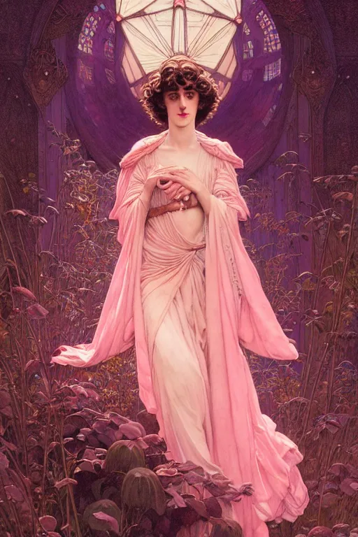 Prompt: edmund dulac, leyendecker, greg hildebrandt, highly detailed portrait, lovely magical goddess feminine timothee chalamet, pink, art nouveau, stephen bliss, unreal engine, by greg rutkowski, loish, ferdinand knab, ilya kuvshinov, rossdraws, tom bagshaw, alphonse mucha, global illumination, radiant light, intricate environment