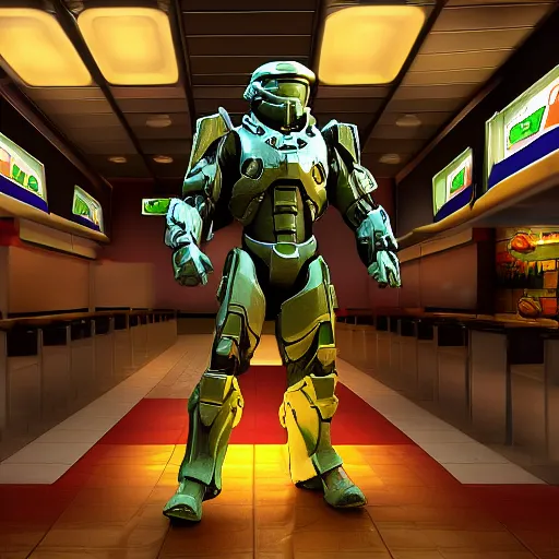 Image similar to Master Chief in Burger King, highly detailed, HD resolution, cinematic lighting,