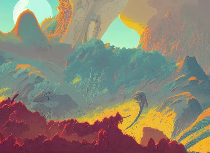 Prompt: psychedelic art of a prehistoric landscape with dinosaurs and volcanoes, detailed, cel shaded, by makoto shinkai and moebius and anton fadeev and james gurney