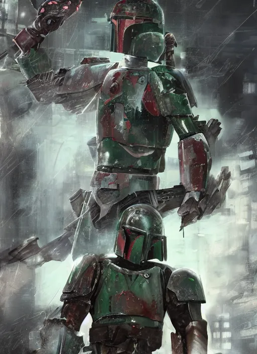 Image similar to cyberpunk heavy armor!! x boba fett, digital art, character mashup, epic volumetric lighting, combination art