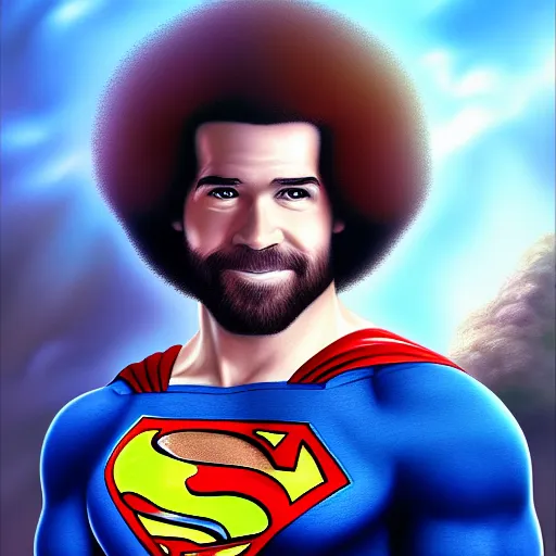 Prompt: award winning commission portrait of bob ross as superman,digital art,hyperdetailed,detailed face,ross tran,character design by charles bowater,deviantart,artstation,photorealistic,4k