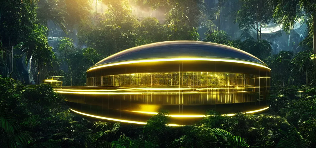 Image similar to futuristic shinny golden iridiscent mirror building in an jungle landscape of a biopunk city by taras shevchenko and wlop, movie poster, golden ratio, evening lighting, film still, realistic, octane render redshift arnold materials unreal engine, 8 k post production, hyper detailed