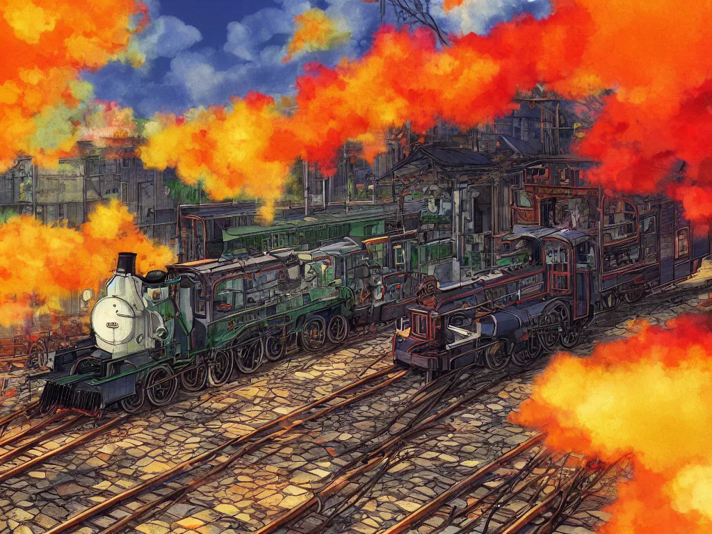 Prompt: cross - section close - up view of a steam anime train, autumn light, colorful, smoke, beautiful, by studio ghibli, digital art, concept art, sharp focus, illustration