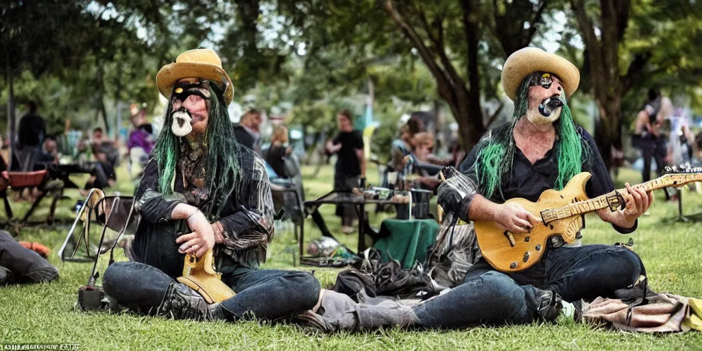 Image similar to a green-haired, funky, rustic, gentle metro dingo man with a Salvador Dali moustache mixes a band in the park