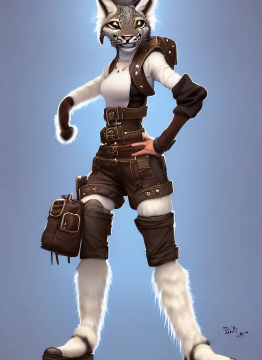 Image similar to wide angle beautiful full body portrait of a strong female anthropomorphic anthro lynx fursona wearing a steampunk leather shorts. from behind, character design by disney, anime, manga, charlie bowater, ross tran, artgerm, and makoto shinkai, detailed, soft lighting, rendered in octane, white fur, white face, lynx facial features