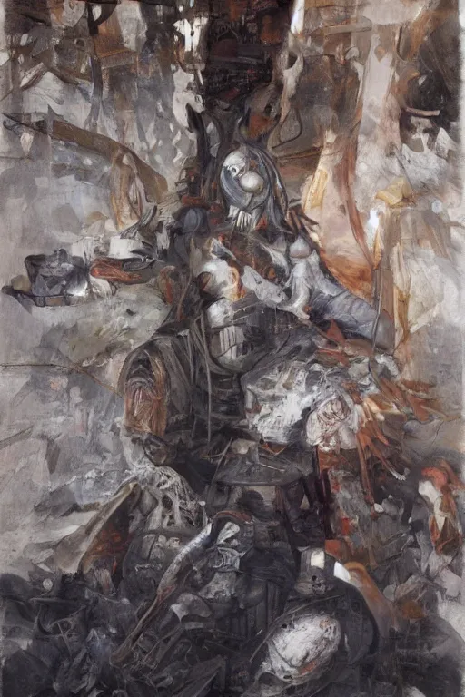 Image similar to Path of Exile, [Sirius], clear [[bronze]] face [mask], luminous red eyes, male image with [bronze] black bloody armor, sitting on the throne, inside the ruined gothic church, black shadows, red lasers, dark red bloody fog, black-grey smoky tornadoes fly around, [[blood]], Anachronism, painting, dark fantasy, steampunk, 4k, perfect quality,