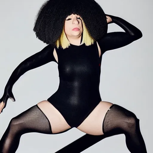 Prompt: Sia furler photoshoot wearing a leotard full body puffy sia wig