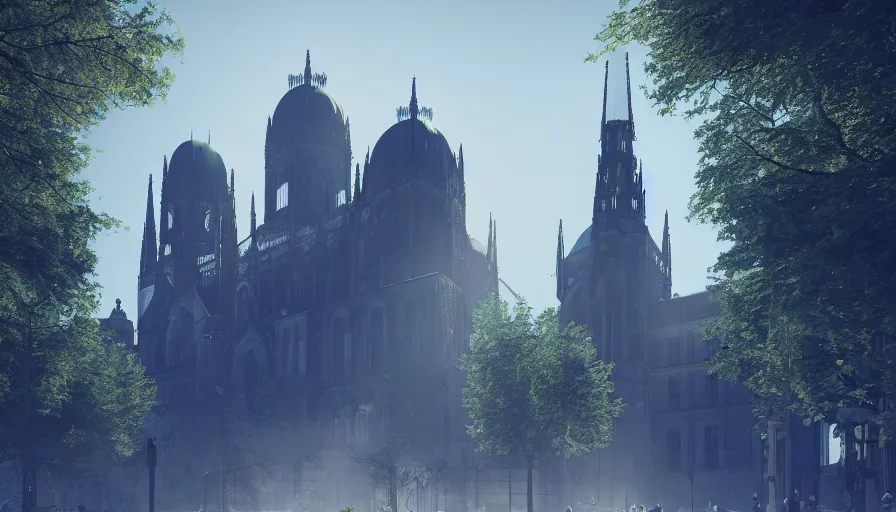 Prompt: neo - gothic berlin with blue dome station, sunny day, volumetric light, hyperdetailed, artstation, cgsociety, 8 k