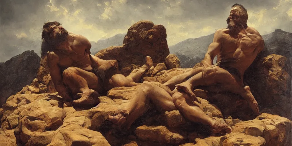Prompt: highly detailed painting of a men made of rocks, big rocks, sharp focus, dramatic scene, aesthetic, dynamic lighting, elegant, harmony, masterpiece, by roberto ferri, high quality