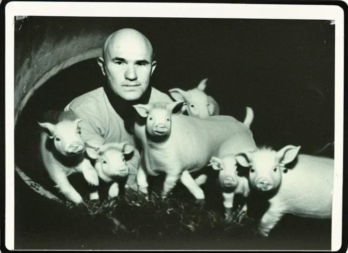 Image similar to polaroid of jean genet surrounded by piglets in a tunnel