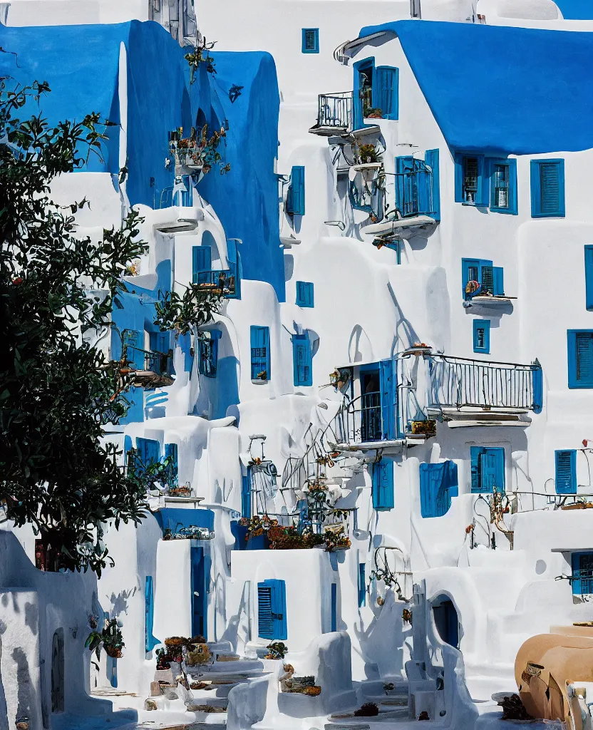 Image similar to studio ghibli white steampunk house with a blue roof, in mykonos, the greek isles, 35mm photography