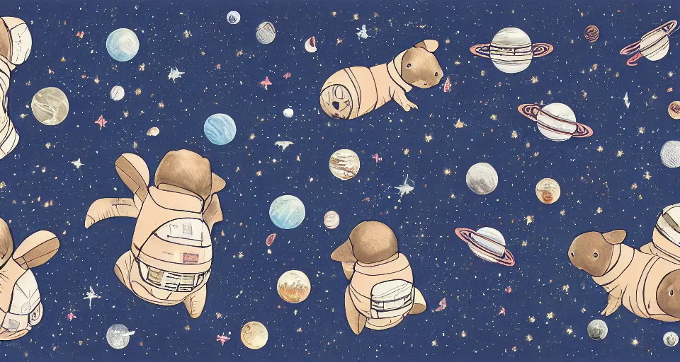 Image similar to back view of baby guineapigs on the cover of vogue magazine flying in space suits, deep dark universe, twinkling and spiral nubela, warmhole, beautiful stars, 4 k, 8 k, by hokusai, samurai man vagabond, detailed, editorial illustration, matte print, concept art, ink style, sketch, digital 2 d