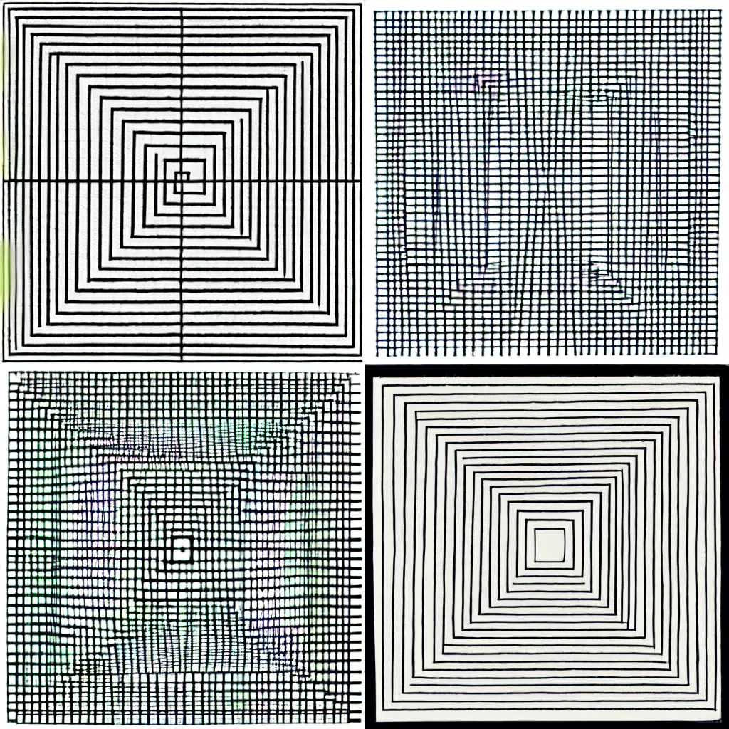 Prompt: an abstract picture a 64 squares arranged in a 8x8 grid, hundreds of pencil lines, Sol LeWitt