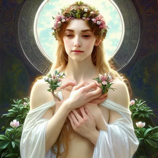 Image similar to perfectly detailed goddess princess of white roses!! blessed by nature with ever - increasing physical mental perfection, symmetrical! intricate, highly detailed, biblical divine holy perfection!! digital painting, artstation, concept art, smooth, sharp focus, illustration, art by artgerm and greg rutkowski and alphonse mucha