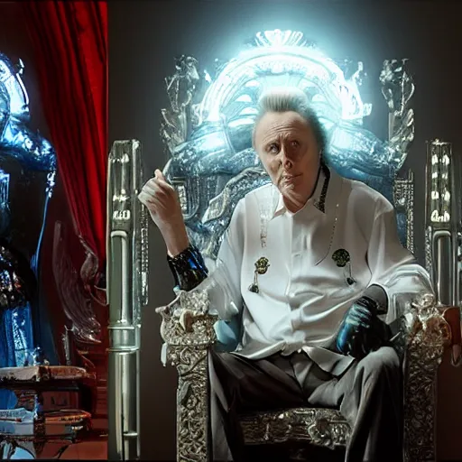 Image similar to elderly Christopher Walken as a menacing regal futuristic emperor seated on an ostentatious cyberpunk throne, cinematic lighting, backlit glow