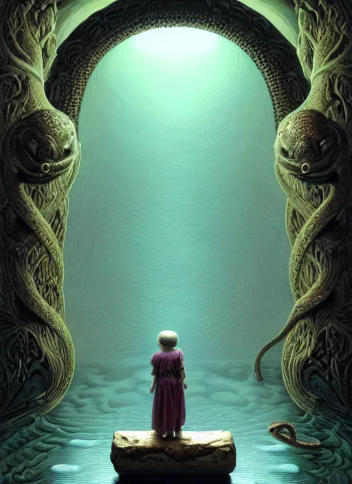 Image similar to hyperreal ultra detailed hypnagogic recollections from the waters of the unconscious. a 3 d psychopomp watching on. a child's face in the mirror, a doorway threshold, a snake, sharp focus, a digital egregore, global illumination, ornate, art by shaun tan, fenghua zhong and daniel merriam and dan mumford octane render