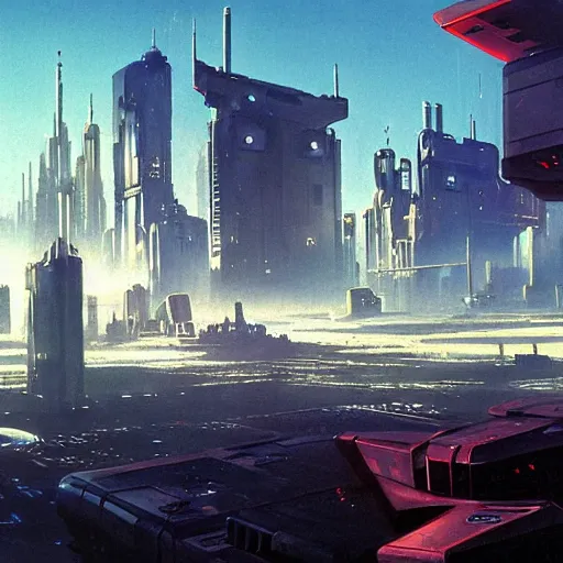 Prompt: distant view of a futuristic cyberpunk city, daylight, blue sky, cinematic lighting, blue sky, syd mead, john harris