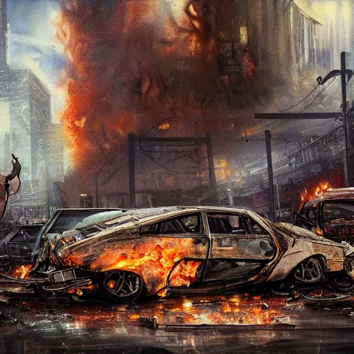 Prompt: the lone wanderer in a dystopian city with wrecked cars and flames, extremely detailed painting