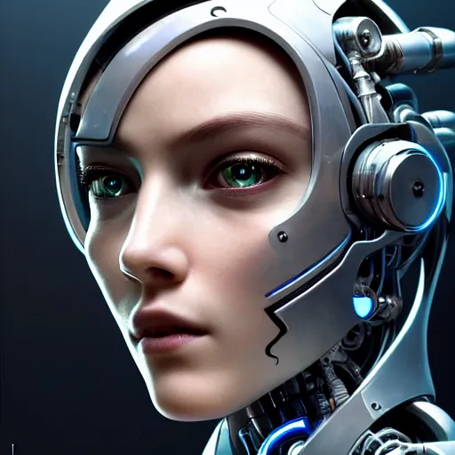 Image similar to centered portrait of an ultra detailed Mechanical Cyberpunk Female Android, looking into the camera!!, intricate, elegant, super highly detailed, professional digital painting, artstation, concept art, smooth, sharp focus, no blur, no dof, extreme illustration, Unreal Engine 5, Photorealism, 8k, cinematic, art by artgerm and greg rutkowski and alphonse mucha and loish and WLOP