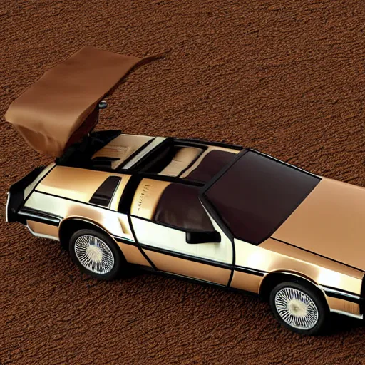 Image similar to a birdseye sepia photograph of a delorean in a line with covered wagons and cattle